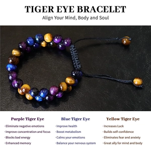 Detail of blue, purple, and yellow tiger eye stone beads on adjustable woven bracelet