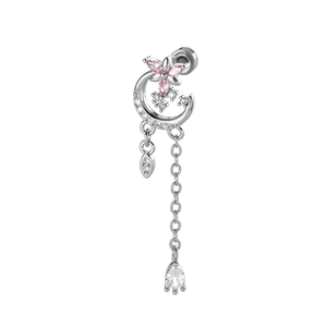 Elegant moon and star asymmetrical tassel earring with pink flower and crystal water drop