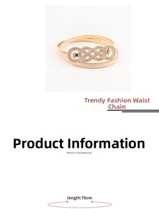 Detail of gold metal elastic waist chain featuring a twisted knot buckle and spring texture