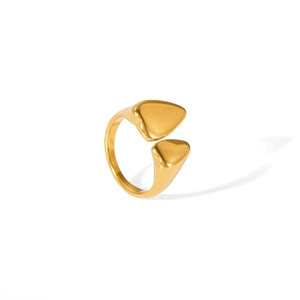 Detailed close-up of 18K gold stainless steel open ring with asymmetric geometric design