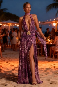 Detail of purple leopard print maxi dress with gold floral buckle and high side slit