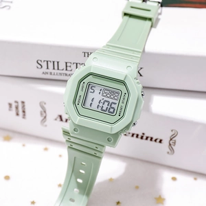 Square matcha green digital sports watch with LED display and waterproof resin band