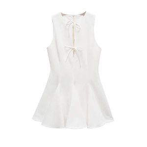 Elegant white sleeveless flared dress with sweet front bow tie details in a minimalist style
