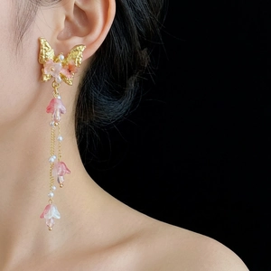 Elegant gold butterfly and flower tassel earrings with pink pearls for women