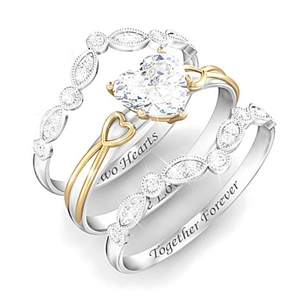 Elegant 3-piece wedding ring set with heart-shaped zircon and Two Hearts engraving