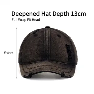 Retro distressed dark grey denim baseball cap with a short brim and 13cm deep crown fit