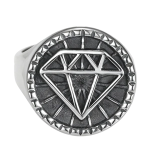 Retro punk style stainless steel signet ring for men with diamond shape logo relief