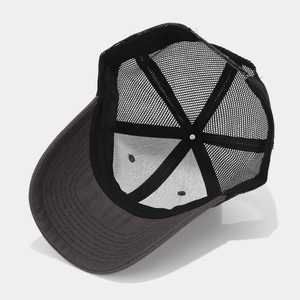 Deep grey and black trucker hat with mesh back and embroidered details for outdoor sports