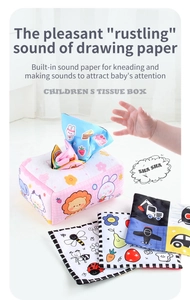 Detail der rosa Baby-Stofftaschentuchbox mit sensorischem Knisterpapier und Tiermotiven