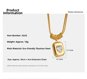 Detail of gold titanium steel heart pendant with necklace dimensions and 18g weight spec