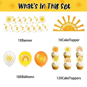 Sunshine theme birthday party set including happy birthday banner, balloons and cake toppers
