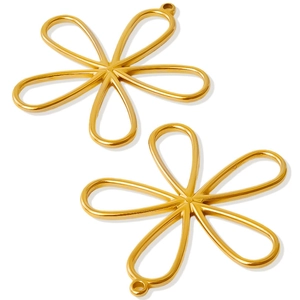 Close-up of two gold hollow flower pendants made of durable 304 stainless steel
