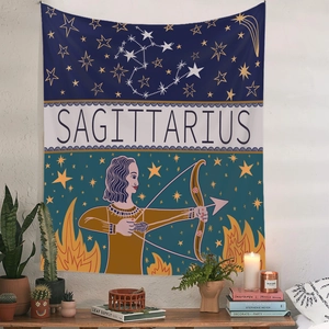Detailed macro shot of Sagittarius zodiac tapestry with bow-holding female illustration