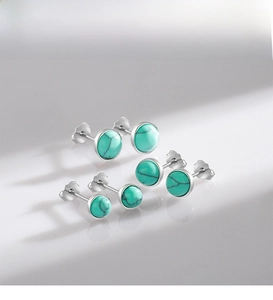 Three pairs of S925 silver turquoise stud earrings in different sizes with marble texture