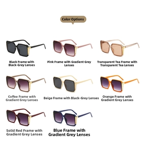 Selection of eight colorful oversized square sunglasses with metal hinge details