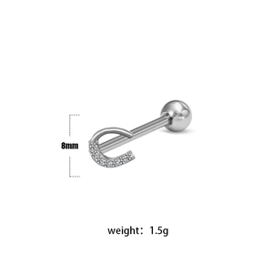 Detail view of 8mm horseshoe piercing stud with zircon stones and screw ball closure