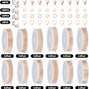 Rose gold jewelry making kit with lobster clasps, jump rings and 12 styles of link chains