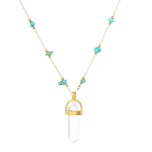 Elegant gold necklace with turquoise beads and a clear hexagonal crystal pillar pendant