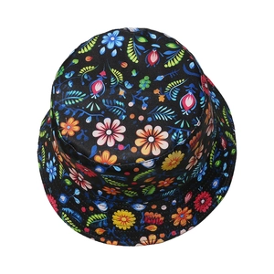 Women's summer cotton floral sun hat with colorful flower patterns on black canvas
