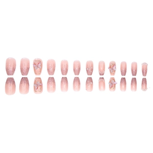 Light purple press-on nails with butterfly charms, pearls, and pink glitter gradient