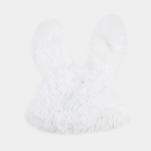 Detailed close-up of a white plush rabbit ear hat featuring fluffy faux fur texture