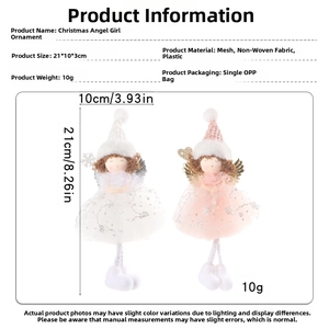 Detail of pink and white mesh Christmas angel pendants with glitter and size dimensions