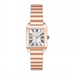 Elegant rose gold rectangular quartz watch for women with Roman numerals and metal strap