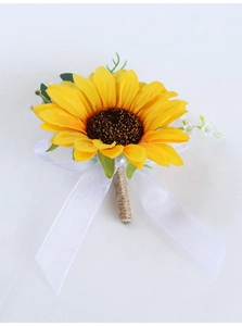 Macro detail of sunflower wedding boutonniere with silk ribbon and twine wrapped handle