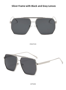 Front and side views of double-bridge silver metal frame sunglasses with grey lenses