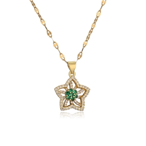 Elegant gold-plated copper star pendant necklace with green zircon flower center