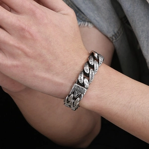 Vintage stainless steel men's chain bracelet with engraved religious mantra patterns