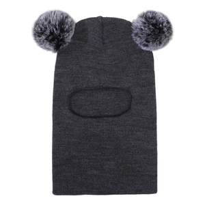Detailed knit texture of dark grey baby balaclava with two faux fur pom-poms on top