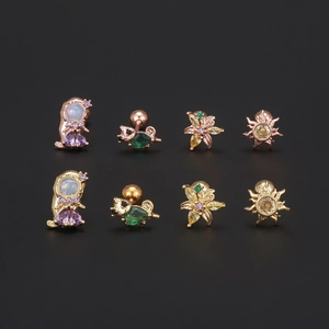 Set of 8 colorful flower and animal ear studs in rose gold and gold finishes