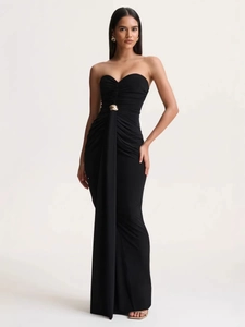 Elegant black strapless evening gown with ruched bodice and gold metal waist accent