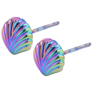 Macro view of shell earrings with rainbow PVD coating on 304 stainless steel