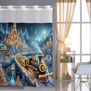 Christmas Hookless Shower Curtain Waterproof Polyester Waffle Fabric With Removable Liner Magnetic Bottom Magic Castle