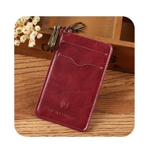 Vintage dark red leather card holder with multi-slot design and bronze swivel hook