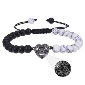 I Love You 100 languages projection heart bracelet with natural stone and matte beads
