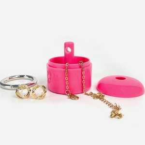 Pink portable jewelry storage container set with gold necklace and crystal earrings