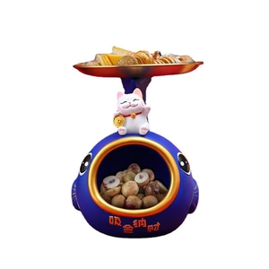 Blue koi fish money box tray ornament with lucky cat for home desk organization