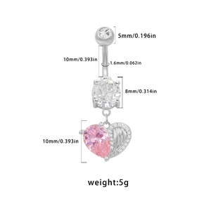 Detailed dimensions of silver heart navel ring with pink zircon and angel wings