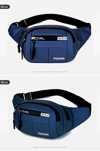 Detail view of the waterproof blue waist bag showing multiple compartments and buckle
