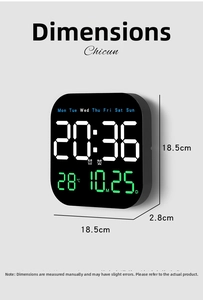 Detail view of the 18.5cm square LED digital clock showing time, date, and temperature