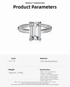 Detailed table showing specifications of 925 sterling silver emerald cut zircon ring