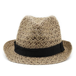 Breathable woven linen straw fedora hat with black ribbon band and curled brim design
