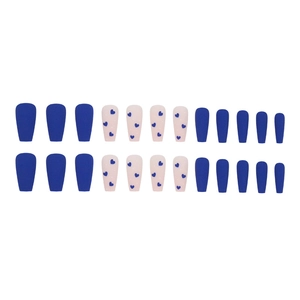 Blue and pink matte long ballet press-on nails with heart patterns and polka dots