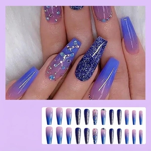 Detailed view of long coffin nails featuring purple blue gradient and 24-piece set layout