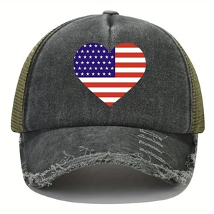 Distressed wash baseball cap with heart American flag print and mesh back panels