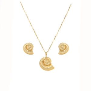 Detailed view of gold-tone conch shell necklace and matching stud earrings set