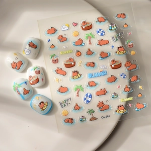 Detail of 5D Capybara nail stickers with summer coconut tree and lifebuoy designs